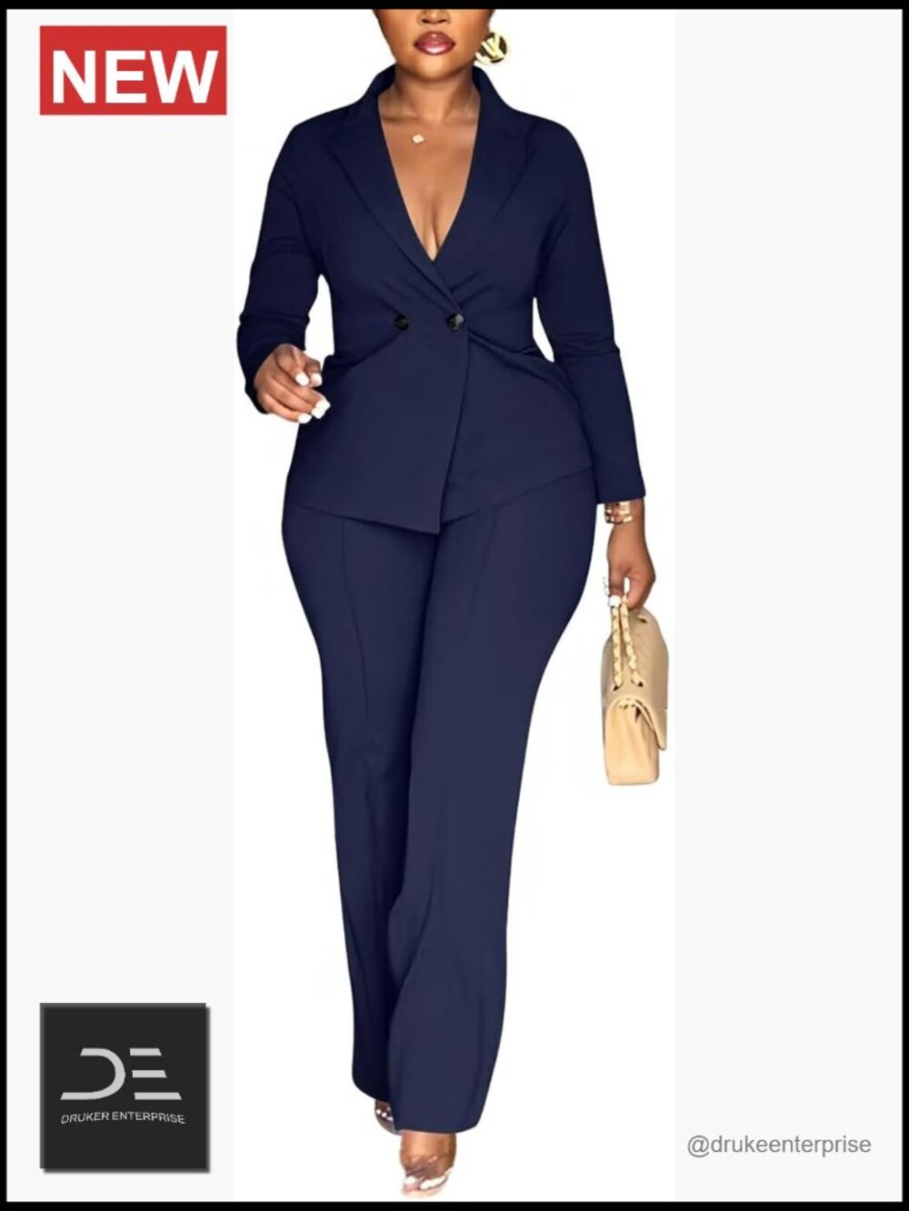 Double Breasted Blazer Pants Suit 2 Piece Outfit for Work Business Casual Long